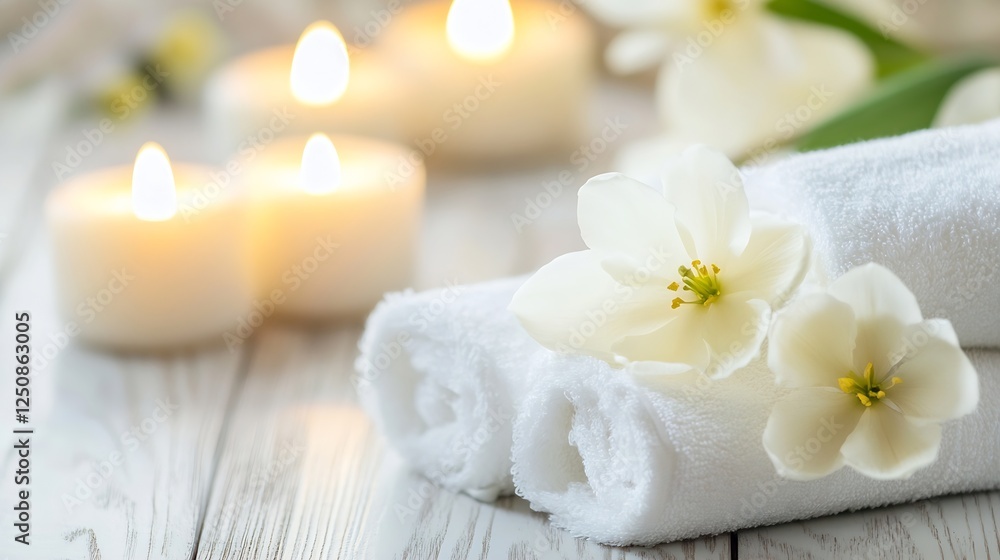 Poster relaxing spa scene with white towels and beautiful flowers surrounded by soft candlelight : generati