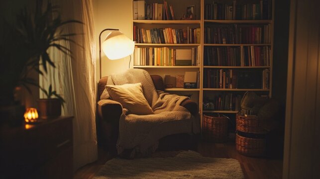 Cozy Reading Nook with Warm Light and Books on a Shelf