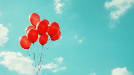 Celebrating vibrant holidays with a cluster of red balloons floating in a clear blue sky