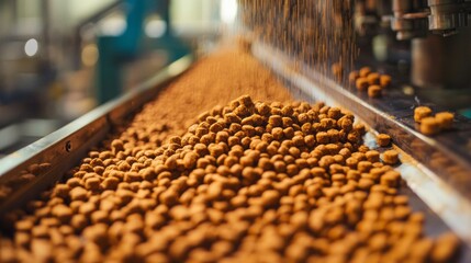 The manufacturing line reveals the careful crafting of pet food with a close-up of kibble tumbling down. Bright machinery and streamlined processes highlight a busy production environment
