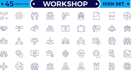 Workshop icon set. Containing team building, collaboration, teamwork, coaching, problem-solving and education icons. Set of line icons related to training, mentoring. Editable stroke outline icon.