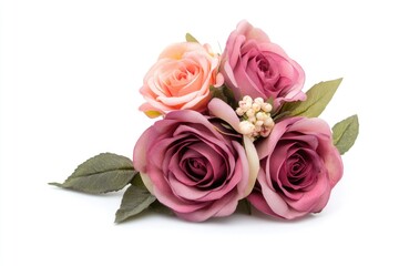 Obraz premium Fresh pink roses arranged in a bouquet on a clean white background, perfect for romantic and celebratory occasions