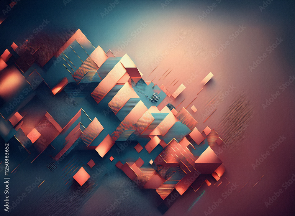 Poster geometric background with floating 3d shapes in orange and blue hues, creating a modern abstract des