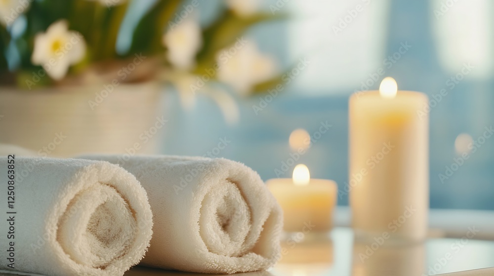 Poster Serene spa setting with rolled towels and soft candles creating a relaxing ambiance : Generative AI