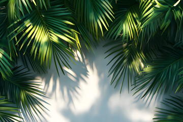 Green palm leaves with cool shadows on a white wall.

