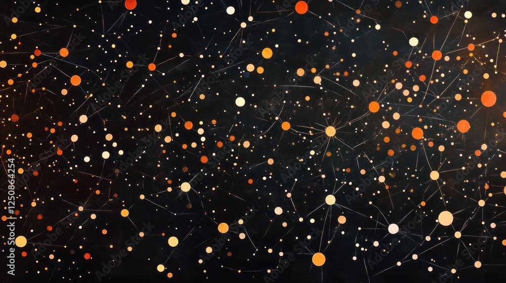 Leinwandbilder abstract cosmic background with glowing orange and yellow particles connected by thin lines on a dar