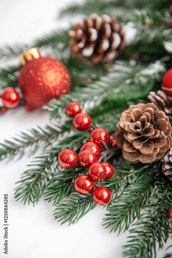 Poster close-up of a pine branch featuring pine cones and berries