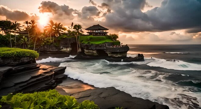 Tanjung Benoa Sunset:  A picturesque Tanah Lot Temple in Bali stands majestically against a vibrant sunset, with crashing waves adding a dramatic touch to the scene.