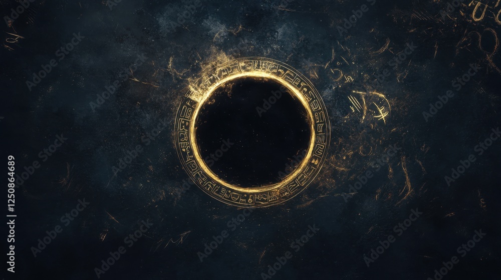 Poster a mesmerizing circular design with a dark center, surrounded by a luminous golden halo, creating an 