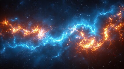 Fototapeta premium Abstract cosmic energy streams of blue and orange light swirling in dark space.