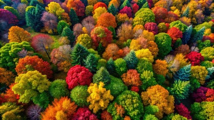 Fototapeta premium Golden rain tree's autumn canopy, a vibrant overhead aerial view showcasing nature's breathtaking artistry.