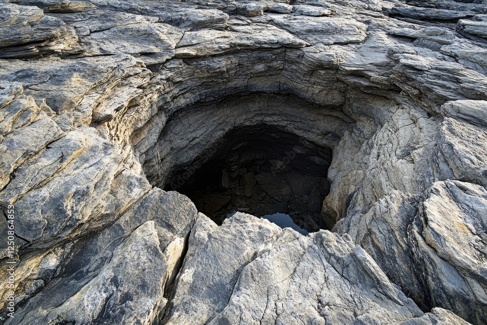 Poster a natural wonder with water gushing out from a hole in rocky terrain, suitable for use in nature doc