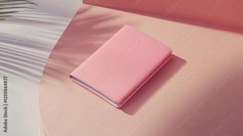 Poster a pink notebook rests on a pastel background, complemented by soft shadows, creating a serene and st