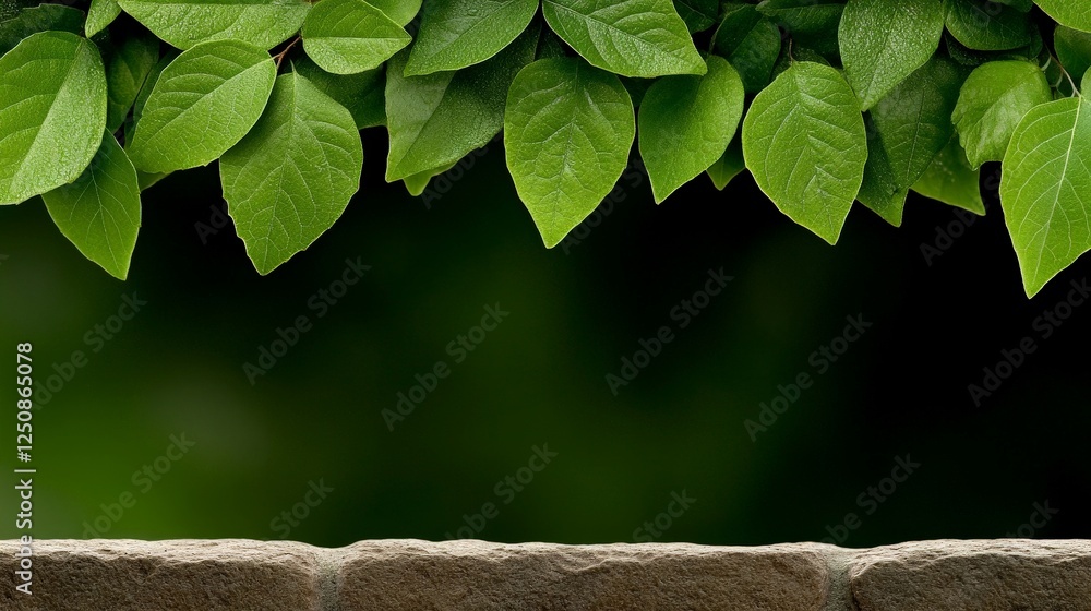 Poster leafy serenity: a tranquil composition of verdant leaves cascading over a stone structure, perfectly