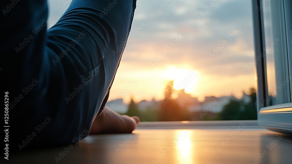 Poster tranquil sunset view from a cozy indoor space with a relaxed individual enjoying the evening glow : 