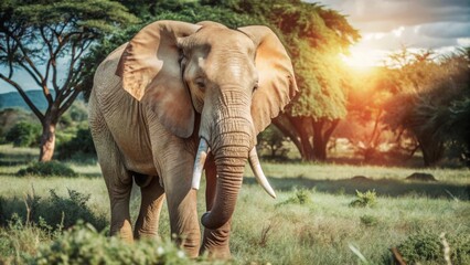 Fototapeta premium Albino elephant walking through sunlit grassland nature scene wildlife photography open environment serene viewpoint majestic reflection