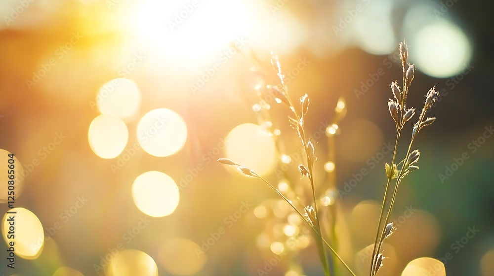Poster sunlit grass with sparkling bokeh background creating a peaceful atmosphere : generative ai