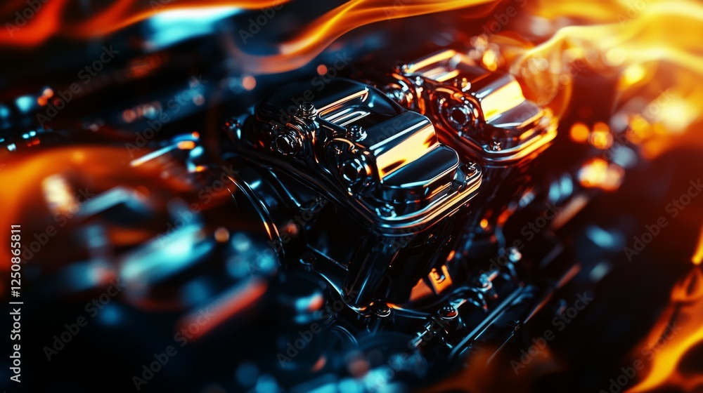 Poster metallic engine component with flames and reflections in background