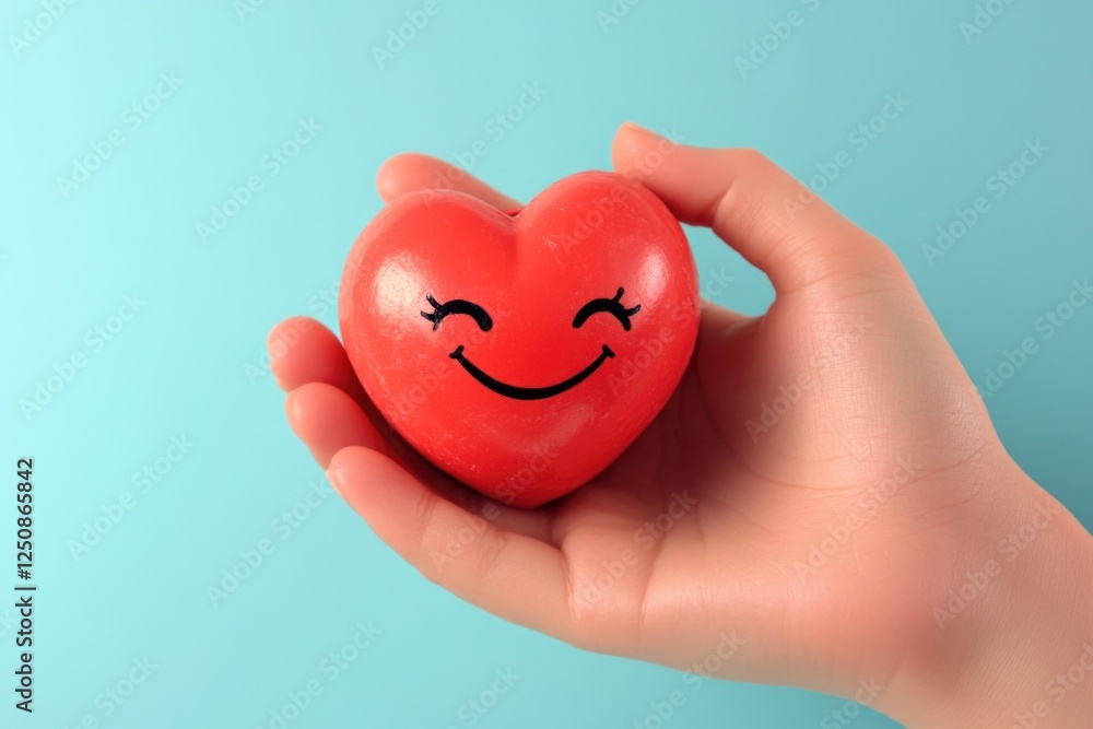 Poster a smiling hand holds a red heart symbolizing love and affection