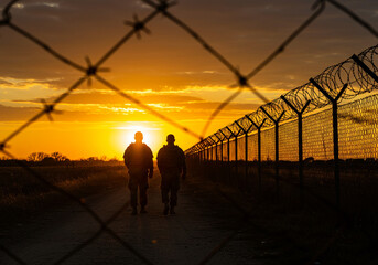Captivating sunset view of two individuals framed by fencing, exploring themes of connection and barriers in a dramatic landscape.