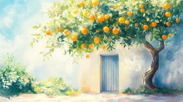 A vibrant scene featuring an orange tree laden with fruit beside a rustic door, set against a bright, soft background.