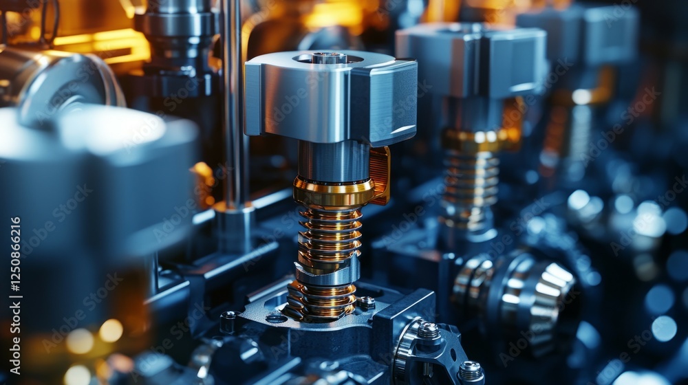 Poster close-up view of precision engine components in a modern factory