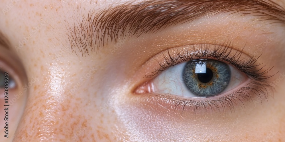 Poster portrait of a person from the perspective of their eye, featuring freckles and a subtle gaze