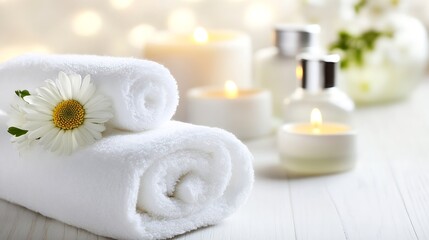 Serene spa setting with neatly stacked towels and candles reflecting relaxation and tranquility : Generative AI