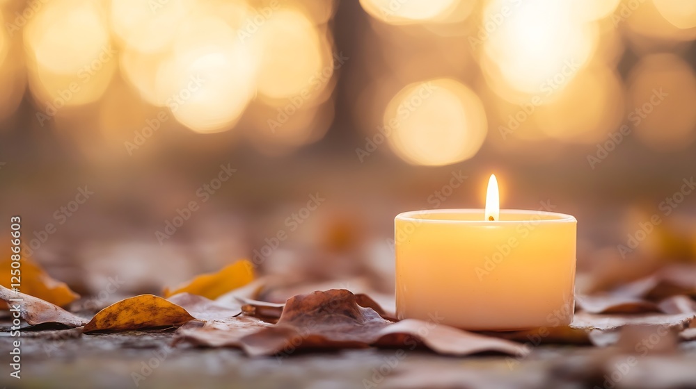 Poster Cozy Candle Burning Among Autumn Leaves Creating Warm Atmosphere With Beautiful Bokeh Background : Generative AI