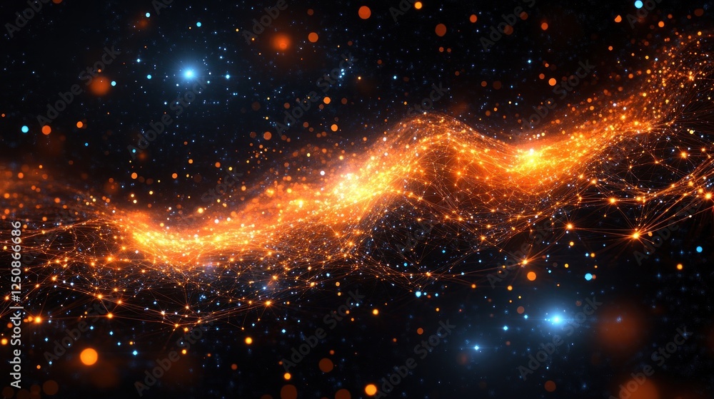 Poster abstract cosmic wave of glowing particles and lines in dark space.