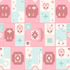 Pastel Patchwork Pattern: A seamless pattern featuring a charming patchwork design in soft pastel hues of pink, mint green, and cream.