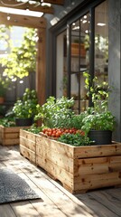 Naklejka premium Grow Herbs & Tomatoes in Wooden Planters