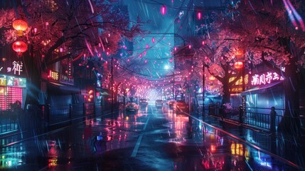 Obraz premium Rainy Night in Neon City: A Digital Painting of a Vibrant, Wet Streetscape Under Cherry Blossoms