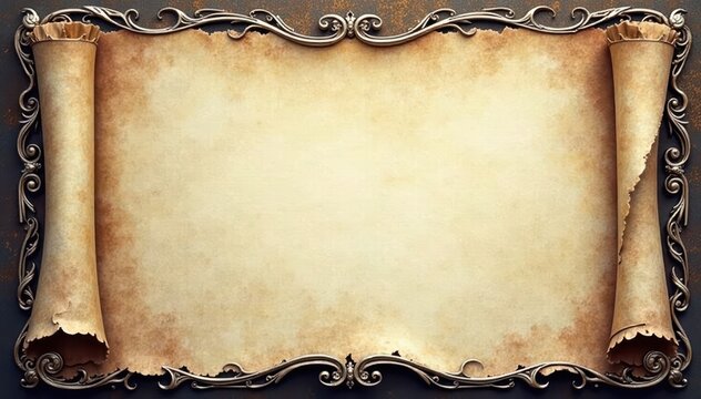 Intricate silver scroll frame adorns elegant parchment , art, wedding, border