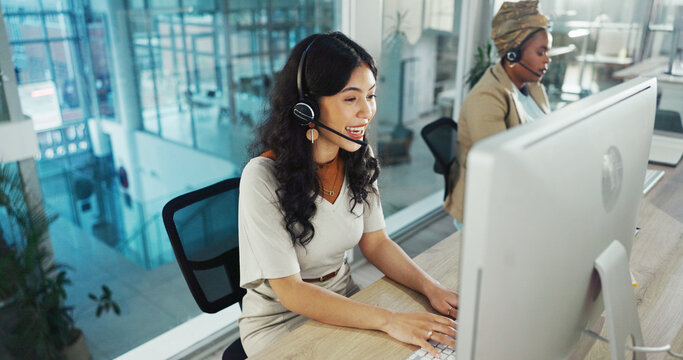 Call center, computer and hotline with woman in office for flight booking, customer support and itinerary planning. Travel agent consulting, help desk and vip program with person in tour guide agency