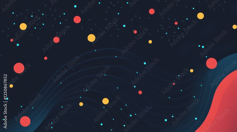 Poster abstract dark background with red, orange, and teal circles and wavy lines.