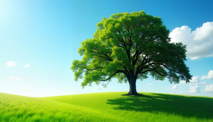 Obraz premium Majestic Oak Tree on a Green Hill Under a Clear Sky