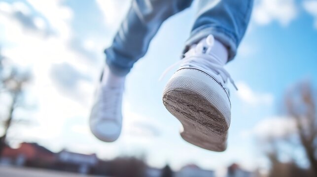 CloseUp of a Person Jumping High in the Air Wearing Stylish Sneakers Against a Blue Sky : Generative AI