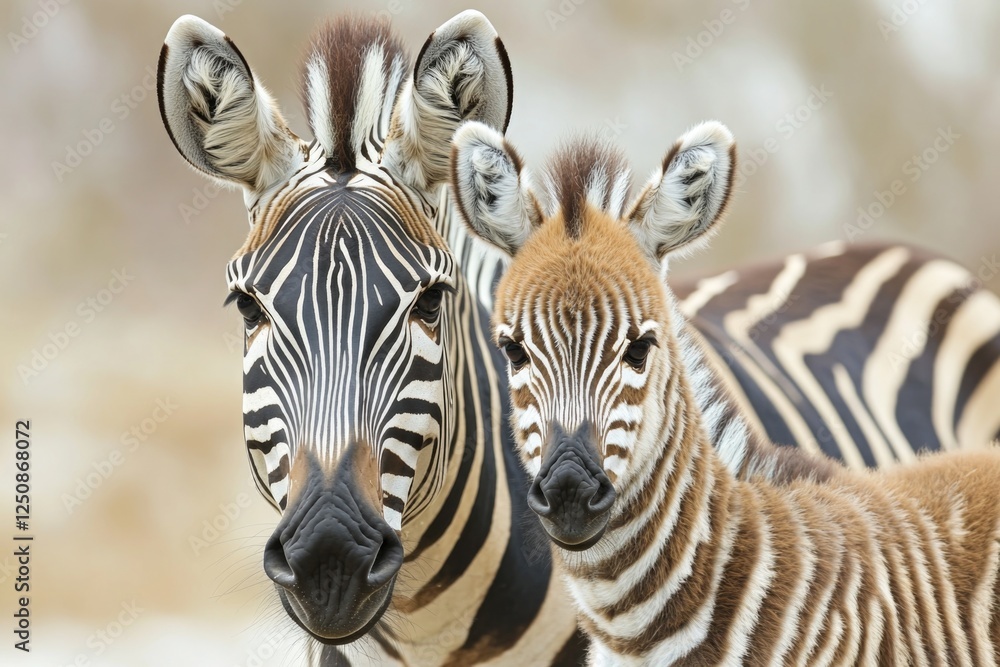 Poster two zebras standing side by side in a natural environment