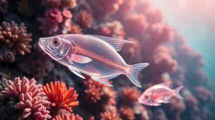 Fototapeta premium Transparent Fish Swimming Near Coral Reef in Clear Ocean Water