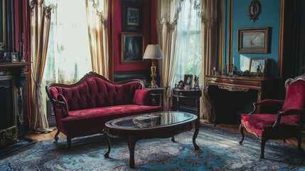 Elegant Vintage Living Room with Rich Colors and Classic Decor