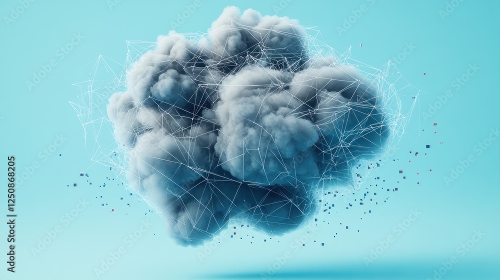 Poster abstract dark cloud with geometric network lines and colorful particles on light blue background.