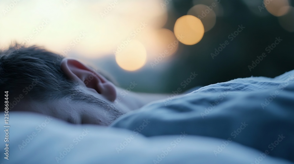 Poster man resting peacefully in bed with soft sunlight creating a serene atmosphere at dawn : generative a