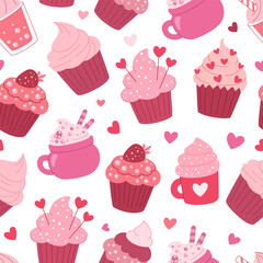 Sweet cupcakes and drinks love pattern. Sweet food background for valentine s day. Pink colors, romantic theme.