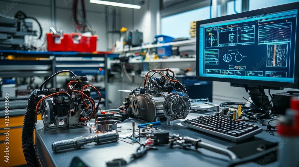 Poster industrial workshop with mechanical components and computer screen