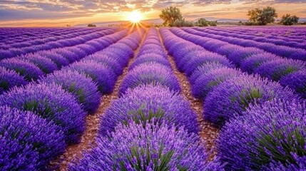 Obraz premium Beautiful Lavender Fields Under Sunset Sky in Rural Landscape