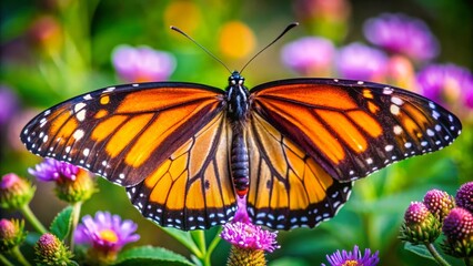 Fototapeta premium Monarch butterfly landing on colorful flowers nature garden photography vibrant environment close-up view wildlife beauty