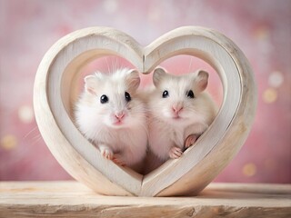 Fototapeta premium High-resolution stock photo: adorable white hamsters snuggled in a heart, perfect for websites and social media.