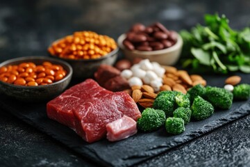 A colorful plate with a mix of healthy foods including meat, beans, broccoli, and nuts