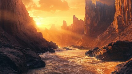 Majestic Sunset Over Rocky Canyon and Flowing River Landscape